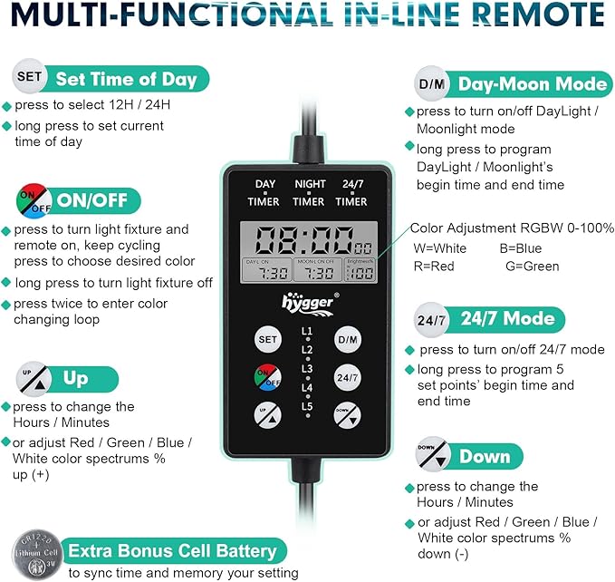 hygger Custom LED Aquarium Light,Daylight-Moonlight & 24/7 Mode, Adjustable Brightness 8 Colors Full Spectrum Fish Tank Light for 48-55 Inches Freshwater Planted Tank Auto On Off Ramp Up Down