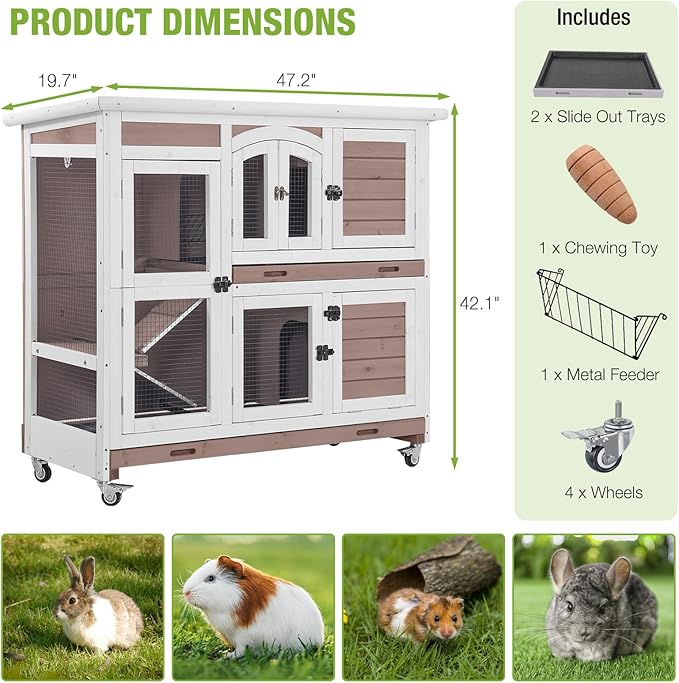 GUTINNEEN Large Rabbit Hutch Wooden Bunny Cage Indoor with Chew-Proof Ramp, 2-Story Guinea Pig Cages with Casters, Pull-Out Trays for Rabbits, Guinea Pigs, 47.2" L x 19.7" W x 42.1" H