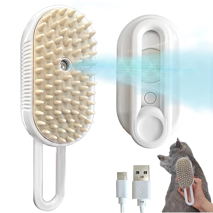 Cat Steam Brush for Shedding, Steam Brushes for Indoor Cats, 4 In 1 Rechargeable Cat Grooming Brush,Anti-Static, Massage, Cleaning, Shedding & Combing