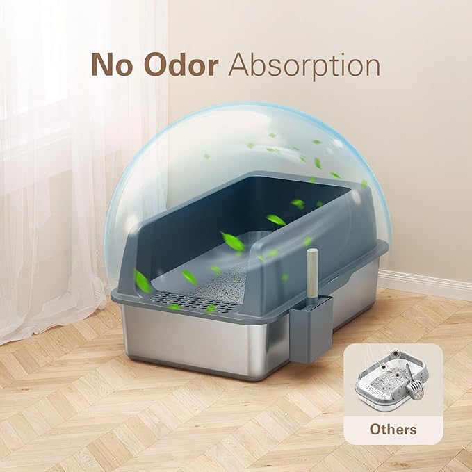 Zarler Stainless Steel Litter Box with Lid, Extra Large Cat Litter Boxes, XL Large Metal Litter Box for Big Cats with High Sided, Light Grey (Non-Sticky, Easy to Clean, Anti-Urine Leakage)