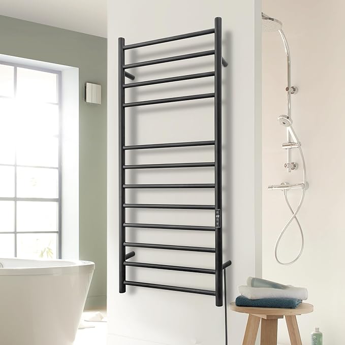 KEG Smart WiFi Towel Warmer Wall Mounted with Built-in Timer and Temperature Adjust Control, 12 Bars Electric Stainless Steel Heated Towel Racks for Bathroom Black