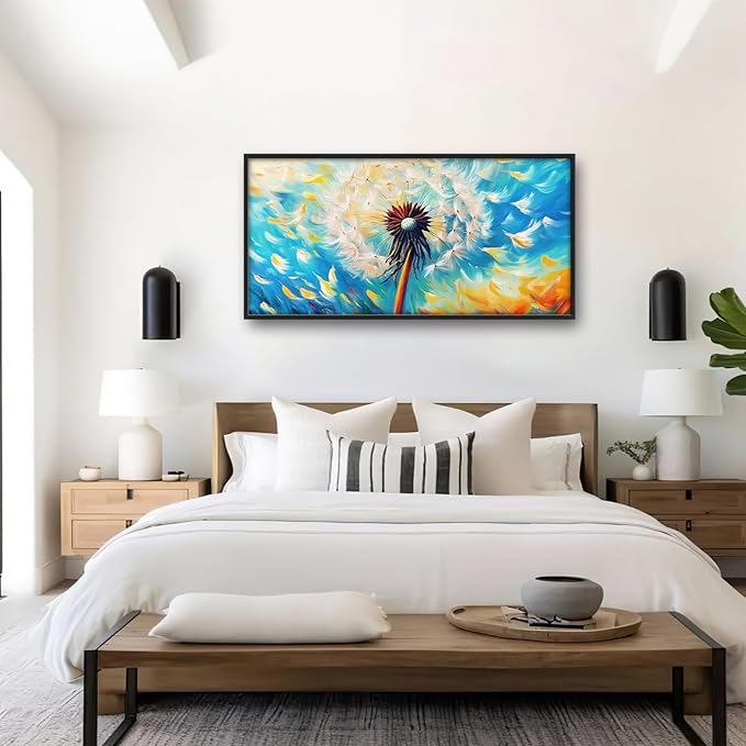 Extra Large Abstract Dandelion Framed Wall Art for Living Room,Oversized Colorful Dandelion Flower Pictures Wall Decor,Blue Canvas Print Painting Modern Artwork Bedroom Office Bathroom 60L" x 30W"