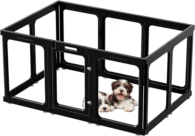 Clear Acrylic Dog Playpen with Door, for Puppy Cat Rabbit Transparent Pet Pen, Black Dog Playpen Indoor, Dog Fence, Easy Assemble & Cleaning Dog Pen for Small & Medium Dogs (23.6“ Height, 10PCS)