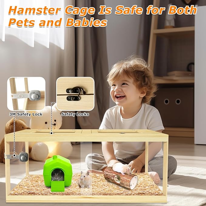 Large Hamster Cage 48", Front Opening Lockable Sliding Door Gerbil Cage, Dwarf Hamster Cage with Metal Mesh Roof, Chewproof Syrian Hamster Habitat Enclosure, (Wooden, 48" L x 20" W x 20" H)