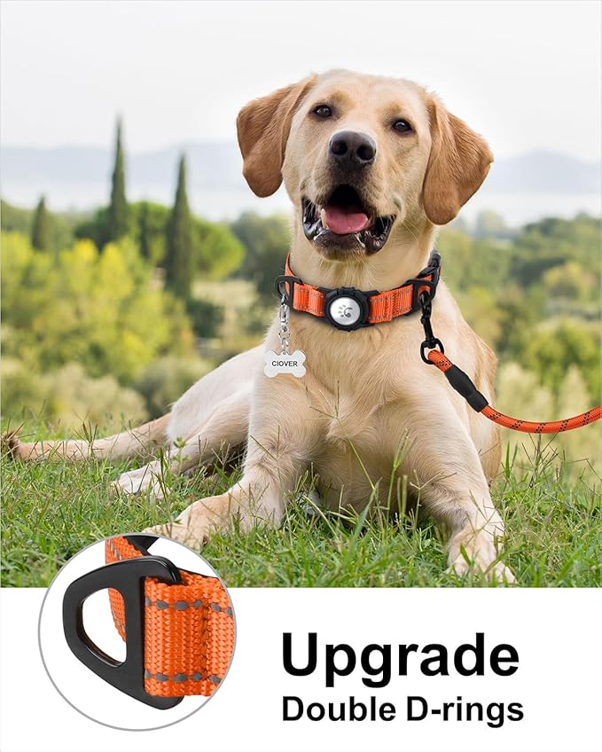TagME Airtag Dog Collar,Waterproof Reflective Pet Collar with Airtag Holder,Soft Padded and Double D-Rings for Large Dogs,Orange