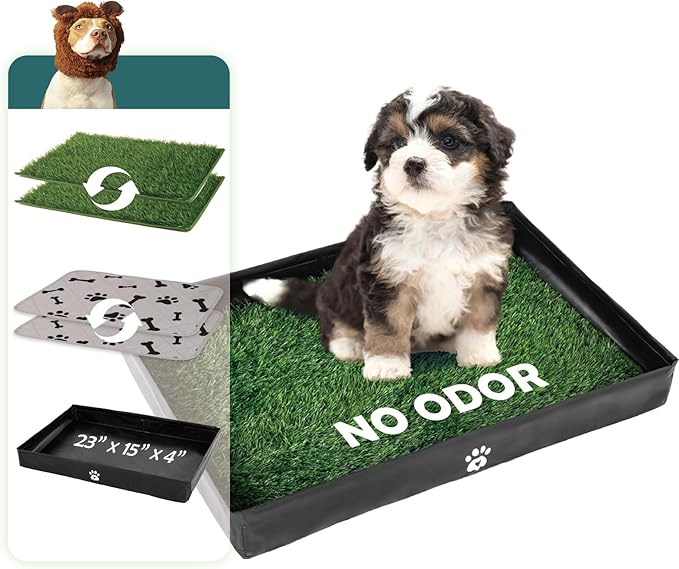 MEEXPAWS Dog Grass Pad with Foldable Dog Litter Box, Small Pee Pad Holder Foldable Liner Base High Side with Odor Free Artificial Grass for Puppy Potty Training Balcony, 2 PCS Reusable Pee Pads
