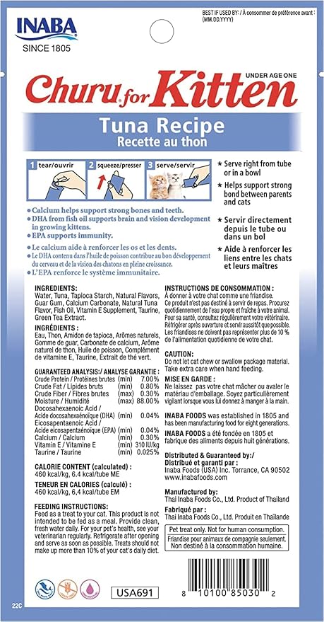 INABA Churu for Kittens, Grain-Free Creamy, Purée Lickable Cat Treats with DHA, EPA, Vitamin E & Taurine, 0.5 Ounces Each, 48 Tubes (4 per Pack), Tuna Recipe