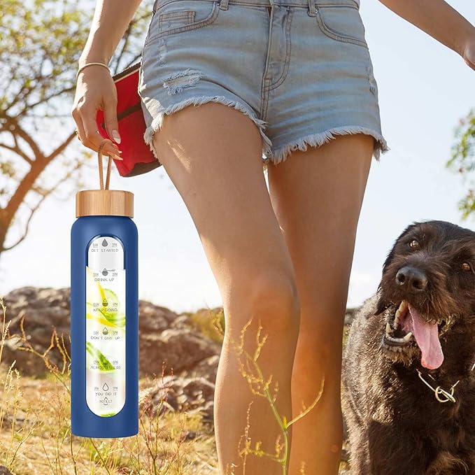 Aqulea Glass Water Bottles 25 Oz with Silicone Sleeve - BPA Free Reusable Wide Mouth Glass Motivational Water Bottles with Fruit Infuser – Leak Proof Borosilicate Water Bottle with Time Marker (Blue)