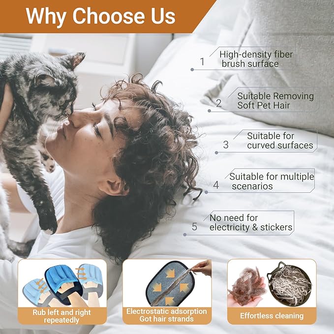 Pet Hair Remover Glove for Furniture, Reusable, 5-Finger, Blue, Dog and Cat Fur Removal Tool for Couch, Lint Clean Glove for Carpet, Bedding, Clothes, Curtain, Pet Bed, Car Seats