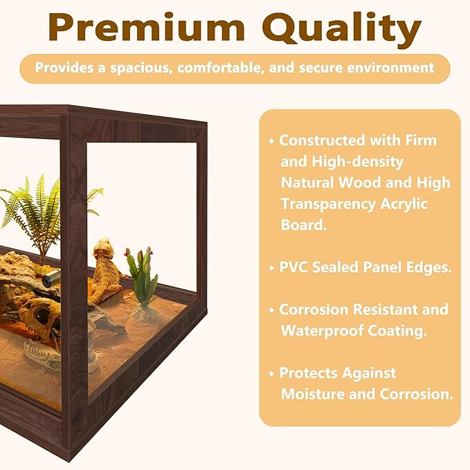 Bearded Dragon Tank,27 Gallon Reptile Tank with Meatl Mesh Roof and Front Sliding Door, Anti-Scratch Lizard Tank,Spacious Reptile Enclosure for Snakes,Lguanas, Chameleons(Walnut)