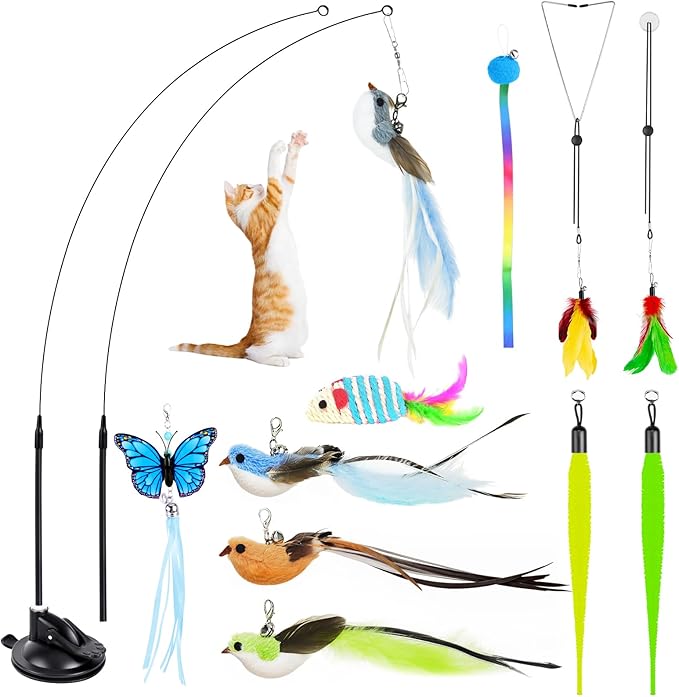 HONGDDY Interactive Bird Simulation Cat Toys，4 in 1 Cat Toys for Indoor Cats, 4 Replacement Birds，Hanging Door Kitten Wand with Suction Cup Removable Feathers Balls Mice Butterfly Streamers