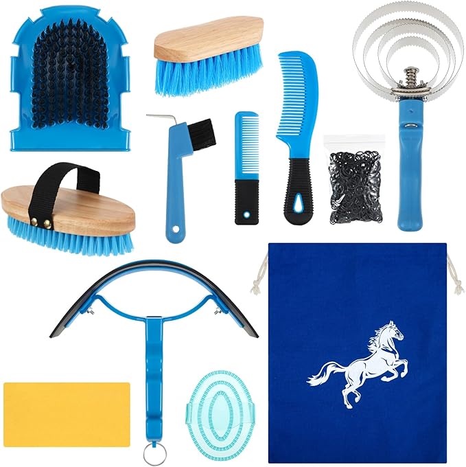Abbylike 12 Pieces Horse Grooming Kit Racing Festival Tack Room Supplies Horse Brush Sets Equine Care Cleaning Kit Shedding Grooming Massaging Tools(Blue)