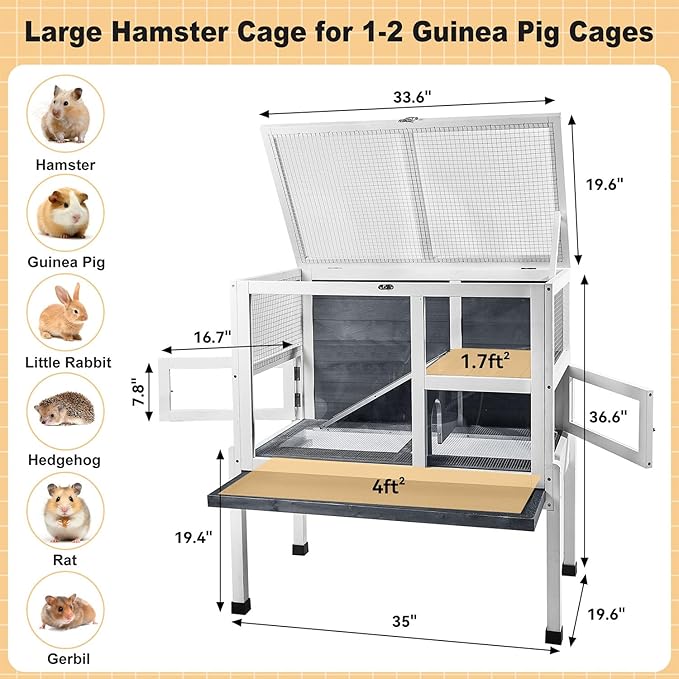 2-Story Guinea Pig Cage with Stand, Indoor Wooden Hamster Cage with Ramp, Pull-Out Tray, Hideout & Platform, Acrylic Transparent Small Animal Habitat for Chinchillas, Ferrets, Hedgehogs,Grey