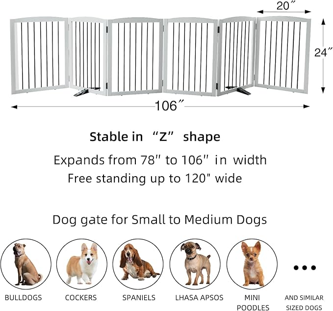 Freestanding Panel Dog Gate for Indoor Doorways, Stairs, or Hallways, Foldable Wooden Pet Gate, Support Feet Included, 24" Height-6 Panels, White