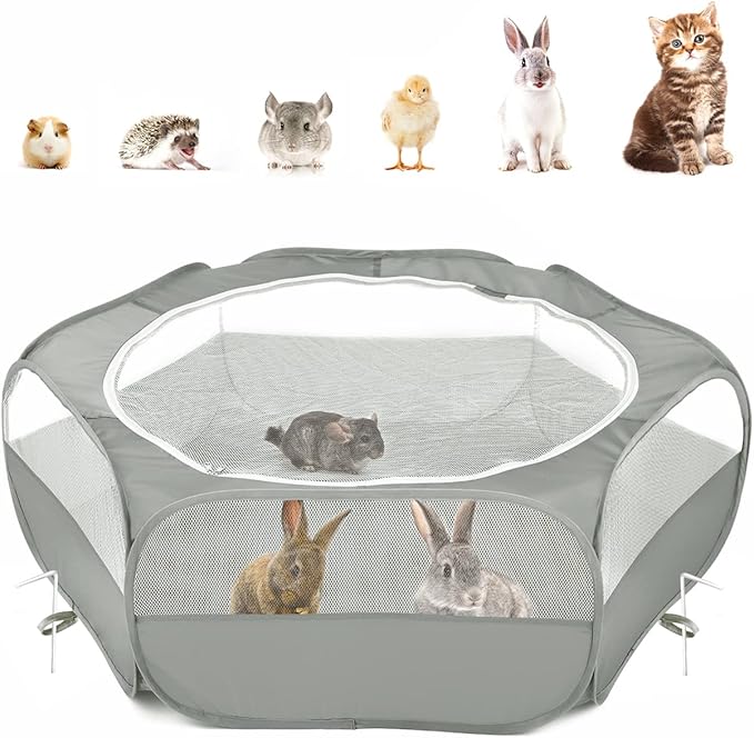 Pawaboo Small Animals Playpen, Waterproof Small Pet Cage Tent with Zippered Cover, Portable Outdoor Yard Fence with 3 Metal Rod for Chick/Kitten/Puppy/Guinea Pig/Rabbits/Hamster/Chinchillas,Light Gray