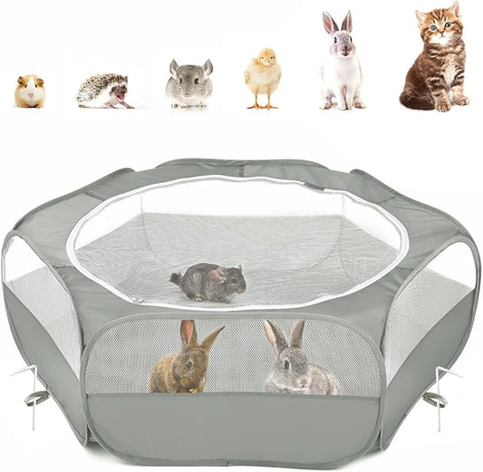 Pawaboo Small Animals Playpen, Waterproof Small Pet Cage Tent with Zippered Cover, Portable Outdoor Yard Fence with 3 Metal Rod for Chick/Kitten/Puppy/Guinea Pig/Rabbits/Hamster/Chinchillas,Light Gray