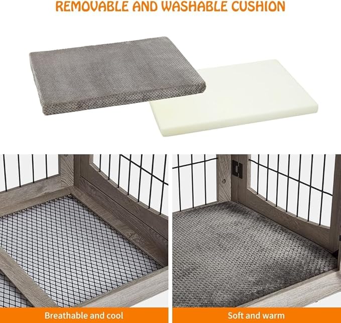 Dog Crate Furniture for Large Dogs, Wooden Dog Kennel Indoor with Double Doors, Dog Cage with Cushion & Drawers, Dog House Side End Table for Large Medium Dogs up to 70 lb, 39.4” L, Grey