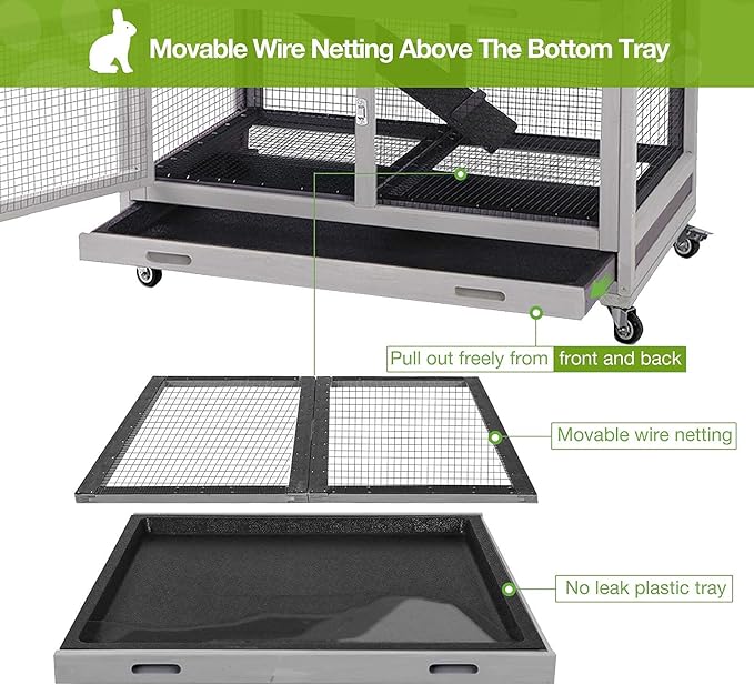 Rabbit Hutch Indoor Outdoor Bunny Cage Rabbit House with Movable Wire Netting, Guinea Pig Habitat On Wheels,Pull Out Leak Proof Tray L38.6 x D25.6 x H44.2