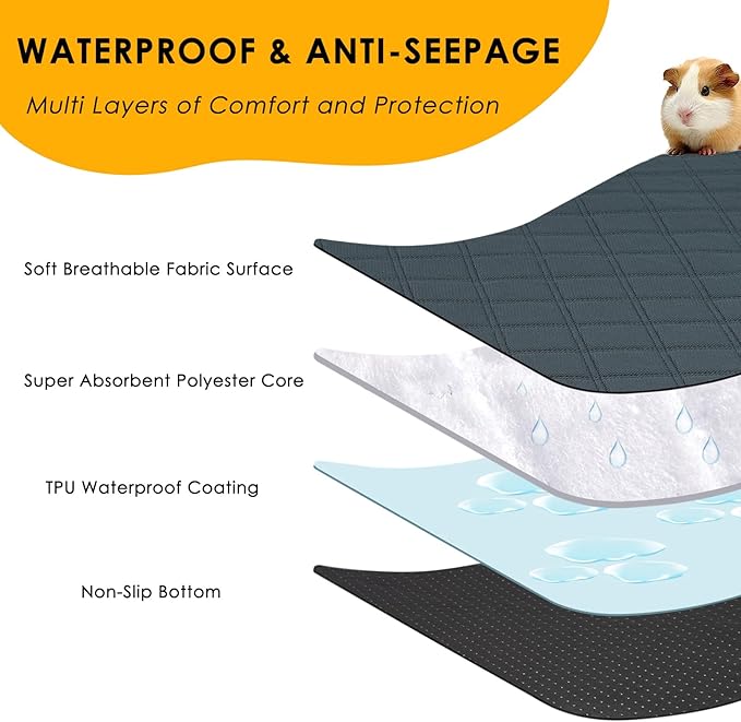4 Pack Guinea Pig Cage Liners Washable Super Absorbent Guinea Pig Bedding Waterproof Reusable Guinea Pig Pee Pads Anti Slip Mat for Small Animals Rabbit Hamster Rat - 24" x 18"