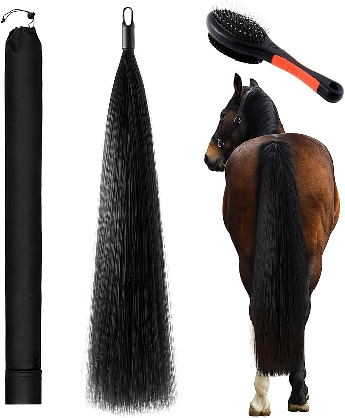 Zeyune 3 Pcs Horse Tail Extensions Set with Braided Horsehair Loop Include Ponytail Comb and Storage Bag, Natural Black for Equestrian Competitions, Horse Shows, Daily Grooming(28-30inch,3/8 lb)