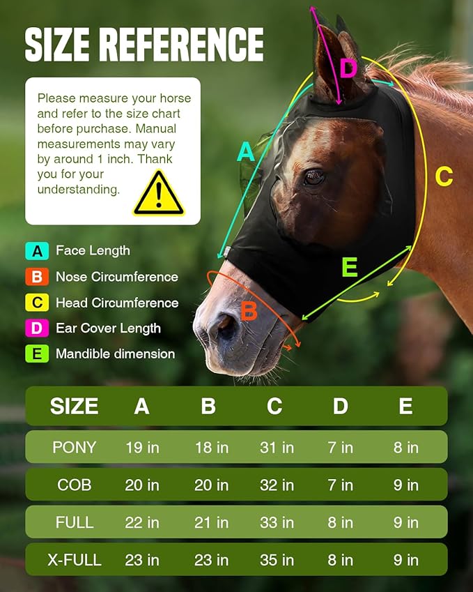 JWODVNTH Fly Masks for Horses with Ears - Large Eye Space, Comfort, UV-Block - Horse Fly Mask for Daily Stable, Hot Weather Riding, and Competition - Full, Black