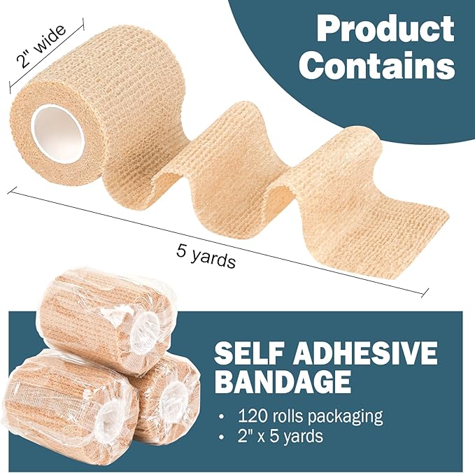 AZEN 120 Pack Self Adhesive Bandage Wrap, 2" X 5 Yards Elastic Cohesive Bandage Wrap, Skin Color Athletic Tape, Vet Wrap, Ankle Tape