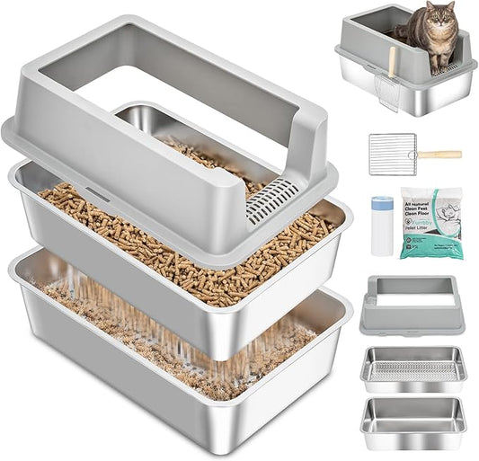 Stainless Steel Sifting Litter Box with Lid, Metal Litter Pan with Scoop for Big Cats Multi Cat, Extra Large Cats Litterbox Odor Control Easy Clean (24 * 16 * 12inch-with Enclosure, X-Large)