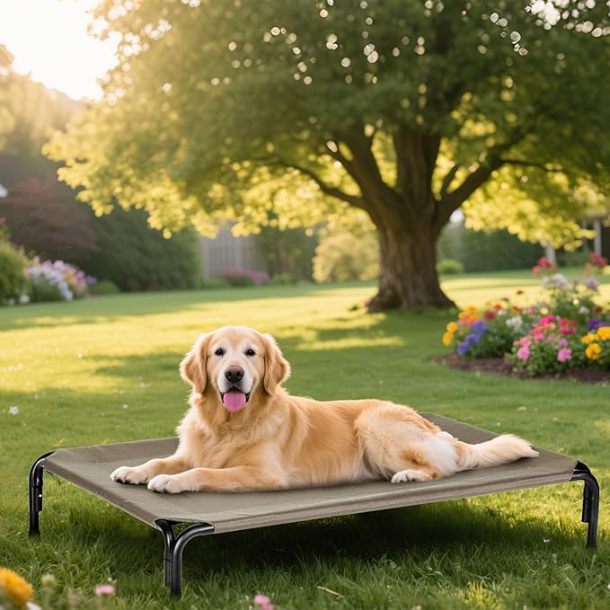 Elevated Dog Bed for Outdoor, XXXL Raised Dogs Cot with Washable Mesh, Cooling Pet Beds Chew Proof Dog Hammock, Metal Frame Lifted Platform for Training Outside Camping, 59 inch Brown
