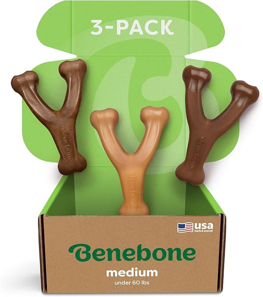Benebone Medium 3-Pack, Wishbone Durable Dog Chew Toy for Aggressive Chewers, Real Bacon, Chicken, Peanut Butter, Made in USA, Variety Pack