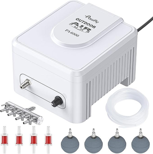 Pawfly Pond Air Pump Outdoor Oxygen Pump for Fish Koi Ponds 3000 to 10000 Gallons Adjustable Pond Garden Aerator Pump Kit with Airline Tubing Control Lever Valves Air Stones and Check Valves