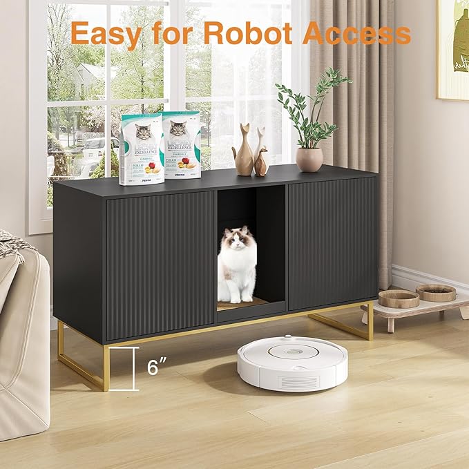 Litter Box Enclosure for 2 Cats, Fluted Hidden Cat Litter Box Furniture with Scratch Pad and Metal Legs, Modern Double Room Kitty House for Living Room, Washroom, 47.2”L x 17.7”W x 25.9”H, Black