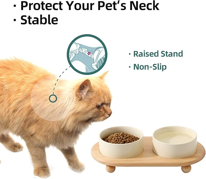 Ceramic Elevated Cat Food and Water Bowl, Kitty Bowl, Raised Cat Dish, Pet Feeder (5.1 in, 2 x Beige + Stand)