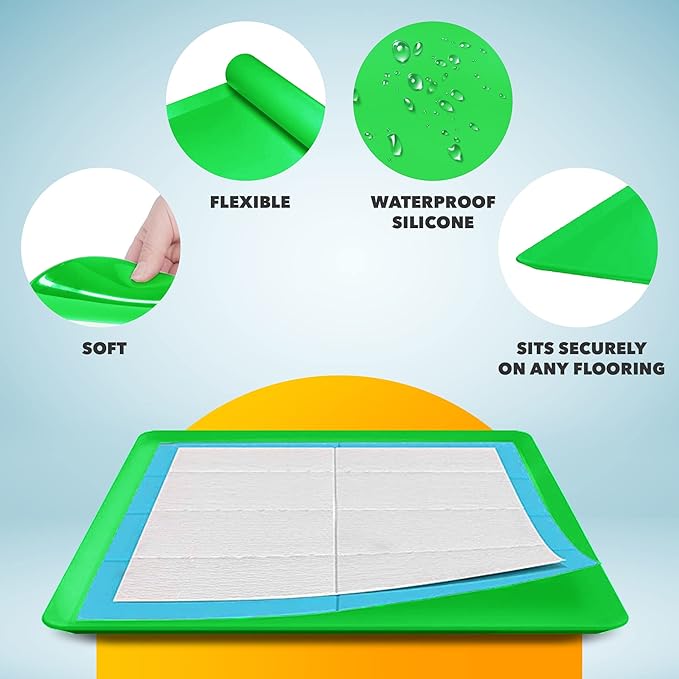 TidyFriend Dog Pee Pad Holder Tray Fits for 24” x 24” Wee Wee Pee Pads - Stable Grip, Raised Edges, Quick-Wipe Silicone Surface Dog Potty Tray Holder for Indoor Flooring Protection (Green)