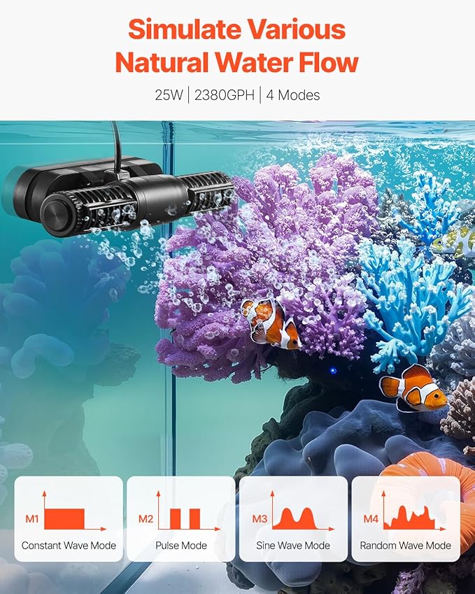 VEVOR Aquarium Wave Maker, 25W, 2380 GPH Adjustable Cross Flow Pump with Controller, Magnetic DC 24V Aquarium Powerhead, Strong Magnetic Base, 360° Rotating Wavemaker, for Saltwater Marine Freshwater