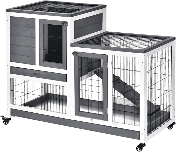 PawHut Wooden Rabbit Hutch Elevated Bunny Cage Indoor Small Animal Habitat with Enclosed Run with Wheels, Ramp, Removable Tray Ideal for Guinea Pigs, Grey