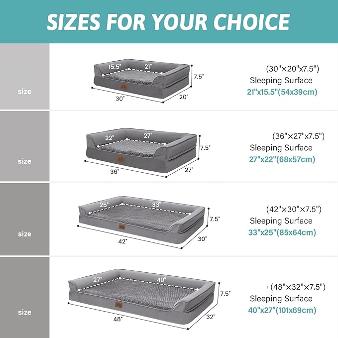 Orthopedic Dog Bed for Large Dog, XL Pet Couch for Extra Large Dog, Big Supportive Foam Bolster Sofa with Waterproof Lining Cover, Anti-Slip, Comfort, Washable, 42x30x7.5 in, U Shape, Grey