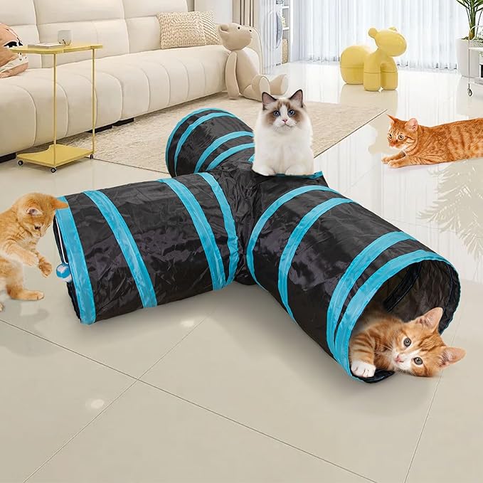 Cat Tunnel, 3 Way Cat Tunnels for Indoor Cats, Foldable Cat Tubes and Tunnels for Cats Kittens, Kitty Bored Peek Hole Toy Ball Cat, Puppy, Kitty, Kitten, Rabbit, Guinea Pigs (Blue & Black)