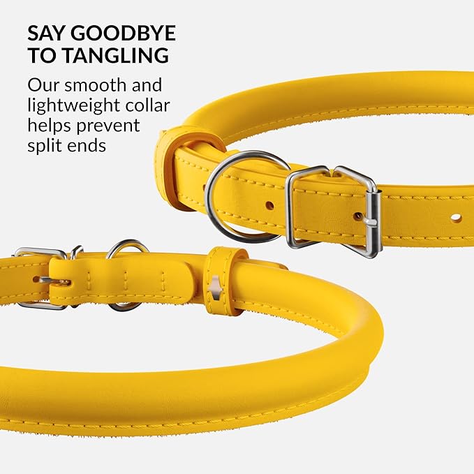 CollarDirect Rolled Leather Dog Collar, Soft Padded Round Puppy Collar, Handmade Genuine Leather Collar Dog Small Large Cat Collars 13 Colors (6 Inch, Yellow Smooth)