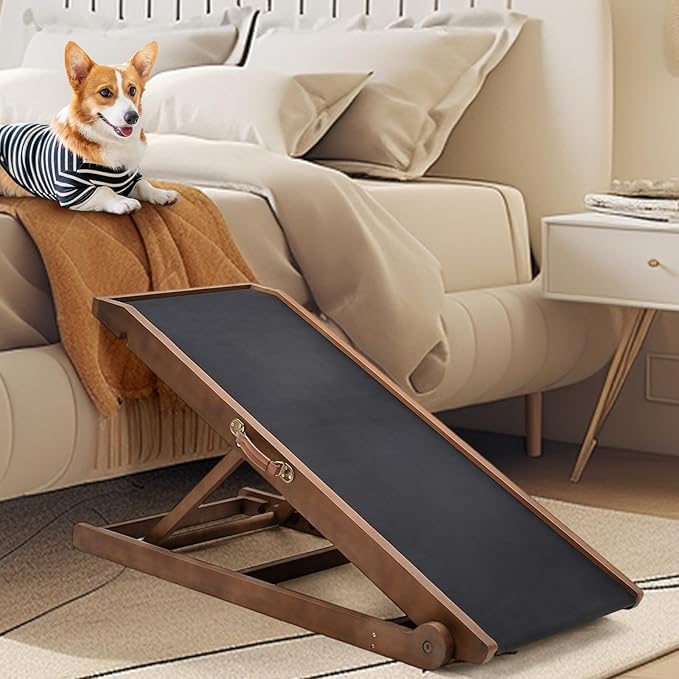 Dog Ramp, Adjustable Height Wooden Folding Pet Ramp for Bed, Couch,SUV-High Traction, Portable Paw Ramps for Small & Large Old Dogs & Cats - Furniture Quality