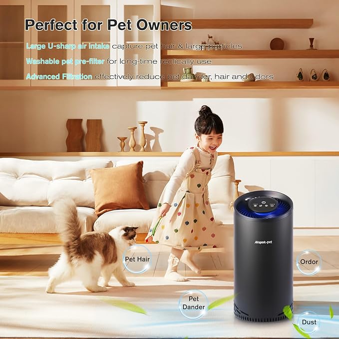 Pet Air Purifiers for Home Pets in Bedroom and Large room. Washable Pet Pre-Filter HEPA Air Purifier for Pet Hair Dander Odors, Filter 99.99% Smoke Dust Dander Pollen, Night Light Sleep Mode