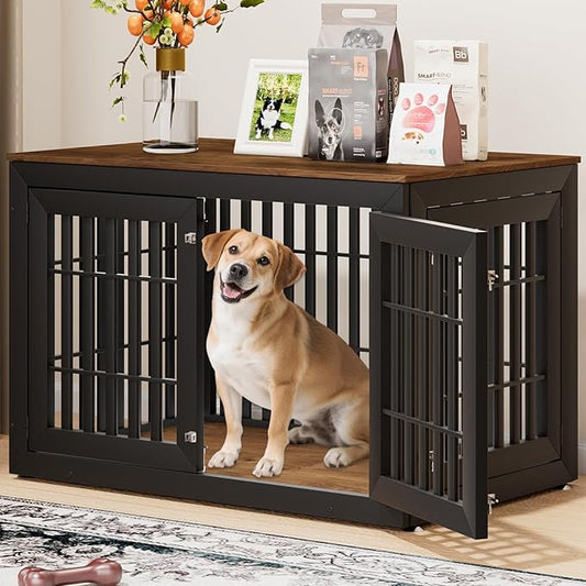 48" Heavy Duty Dog Crate Furniture for Small,Medium and Large Dogs,Rustic Wooden Dog Cage Kennel Indoor Furniture with Waterproof Top,Decorative Pet House Side End Table (Black & Wood)