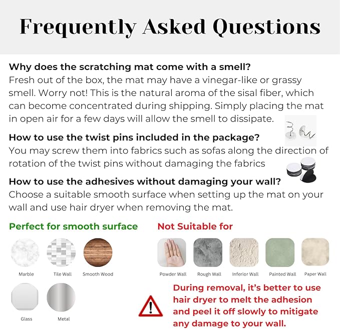 Sisal Cat Scratcher Post Mat (Use on Wall, Couch and Carpet), Durable and Shedding-Resistant Cat Scratching Surface - 21.7x13 inch with Adhesive Pads and Twist Pins (Matisse)