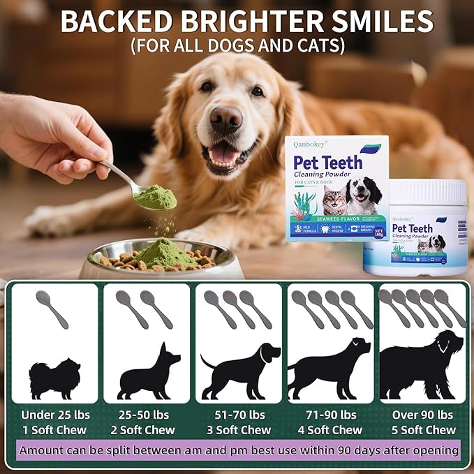No-Brush Dog Teeth Cleaning Powder Eliminates Plaque in 30 Seconds, Dental Powder Cats Breath Freshener, Teeth Care Plaque Off Pet Tooth, Bad Breath Remedy Tartar Remover for Dogs with Enzymes