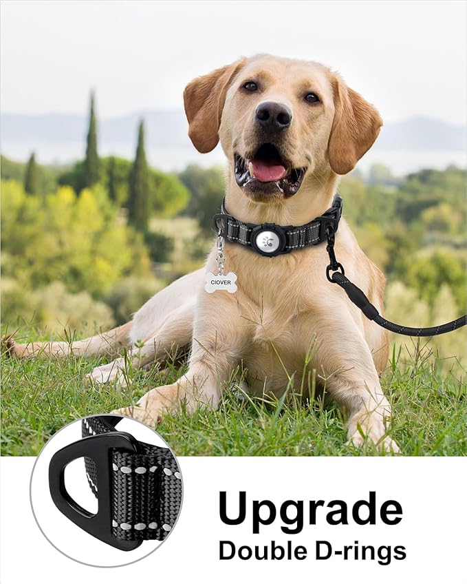 TagME Airtag Dog Collar,Waterproof Reflective Pet Collar with Airtag Holder,Soft Padded and Double D-Rings for Large Dogs,Black