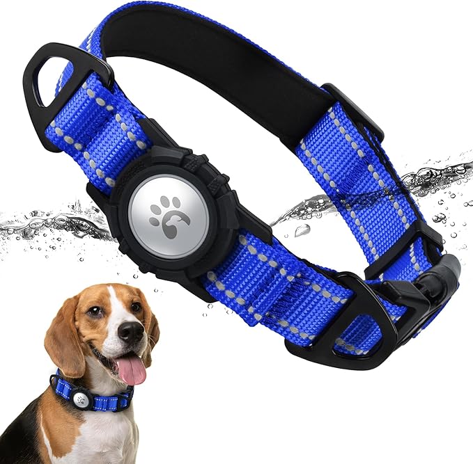 TagME Airtag Dog Collar,Waterproof Reflective Pet Collar with Airtag Holder,Soft Padded and Double D-Rings for Medium Dogs,Navy Blue