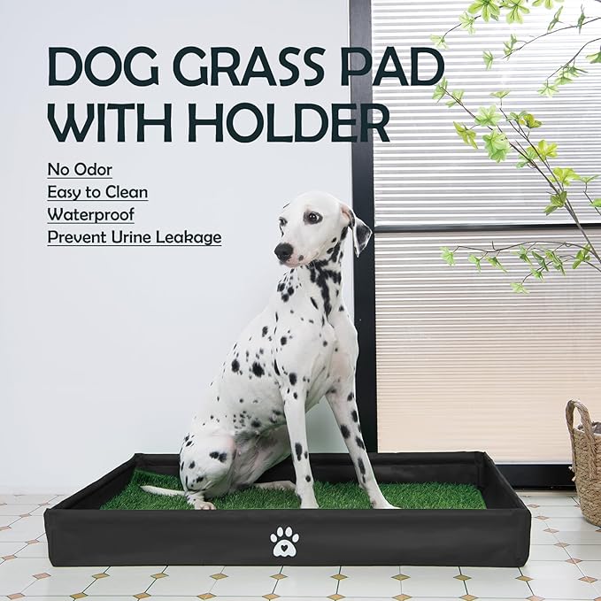 MEEXPAWS Dog Grass Pad with Foldable Dog Litter Box, Extra Large Pee Pad Holder Foldable Liner Base High Side with Odor Free Artificial Grass for Potty Training Balcony, 2 PCS Reusable Pee Pads