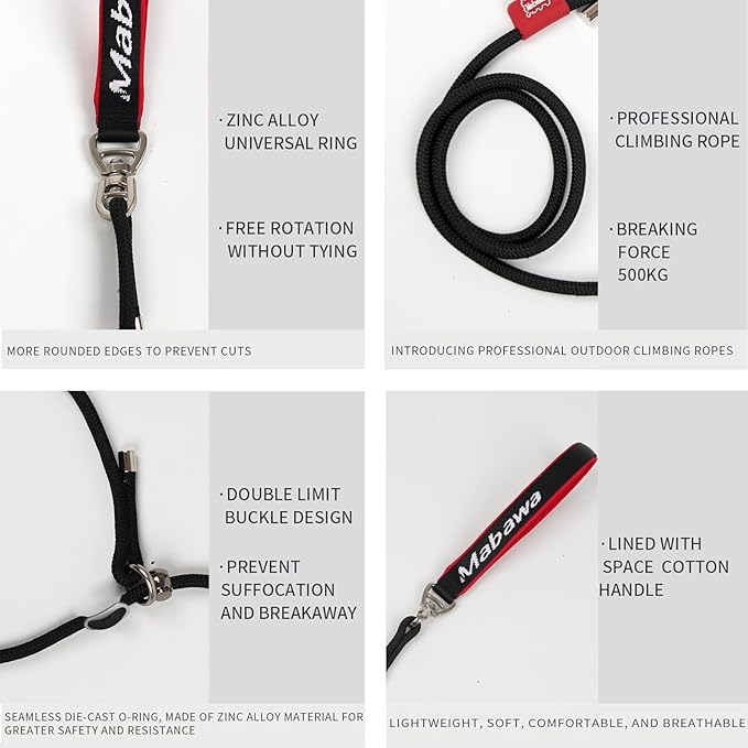 Dog Anti-Slip Leash 5FT with Metal Stopper - Durable No-Pull Training Lead for Small, Medium & Large Dogs - Comfortable Handle Nylon Rope, Tangle-Free Pet Walking Leash (Black, 5 FT)