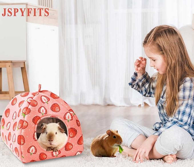 JSPYFITS Guinea Pig Hideout Bed Rabbit House Cave Accessories Cozy Hide-Out Guinea Pig Bed Washable Cage for Small Pet Hamster Ferret Rabbit Bunny Pink Strawberry