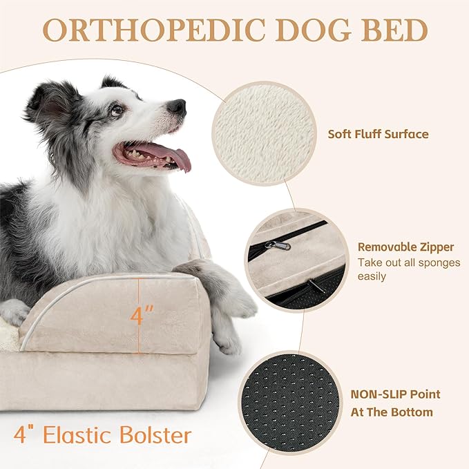 Comfort Expression Medium Dog Beds Waterproof Orthopedic Foam Dog Sofa Beds for Medium Large Dogs Comfy Pet Bed with Washable Removable Cover & Non-Slip Bottom(Medium,Beige)