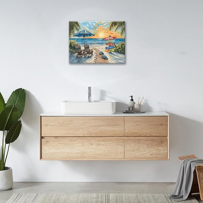 Beach Ocean Bathroom Pictures Wall Art, Seaside Coastal Bathroom Wall Decor, Sunrise Framed Painting Canvas Artwork for Bedroom Living Room Decorations 16"L x 12"W